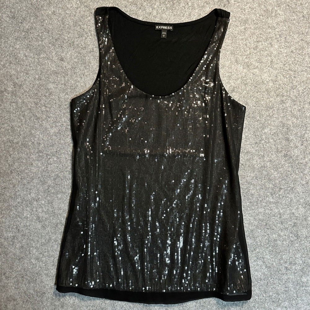 Express Sequin Front Tank Top Small Black Shimmer Sleeveless Scoop Neck